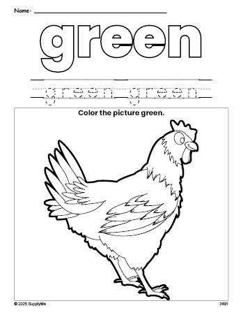 Free chicken color green coloring page and color worksheet, green worksheet for preschoolers to learn colors, printable PDF