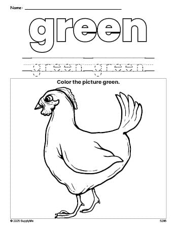 Free chicken color green coloring page and color worksheet, green worksheet for preschoolers to learn colors, printable PDF