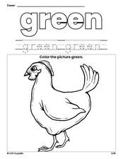 Free chicken color green coloring page and color worksheet, green worksheet for preschoolers to learn colors, printable PDF