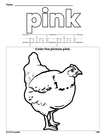 Free chicken color pink coloring page and color worksheet, pink worksheet for preschoolers to learn colors, printable PDF