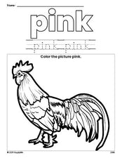 Free chicken color pink coloring page and color worksheet, pink worksheet for preschoolers to learn colors, printable PDF