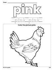 Free chicken color pink coloring page and color worksheet, pink worksheet for preschoolers to learn colors, printable PDF