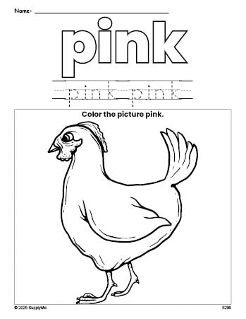 Free chicken color pink coloring page and color worksheet, pink worksheet for preschoolers to learn colors, printable PDF