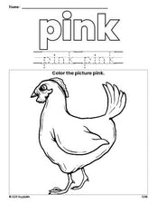 Free chicken color pink coloring page and color worksheet, pink worksheet for preschoolers to learn colors, printable PDF