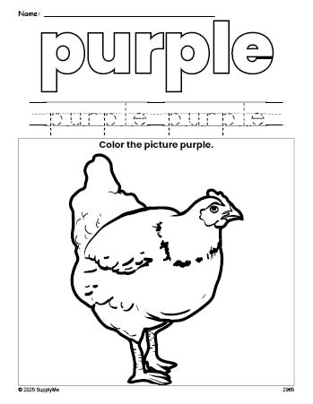 Free chicken color purple coloring page and color worksheet, purple worksheet for preschoolers to learn colors, printable PDF