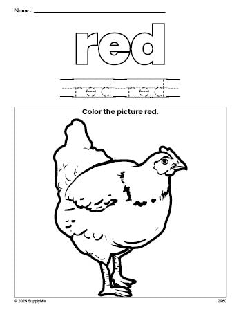 Free chicken color red coloring page and color worksheet, red worksheet for preschoolers to learn colors, printable PDF