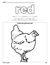 Free chicken color red coloring page and color worksheet, red worksheet for preschoolers to learn colors, printable PDF