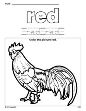 Free chicken color red coloring page and color worksheet, red worksheet for preschoolers to learn colors, printable PDF