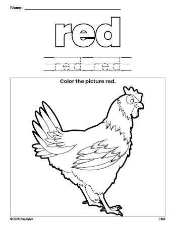 Free chicken color red coloring page and color worksheet, red worksheet for preschoolers to learn colors, printable PDF