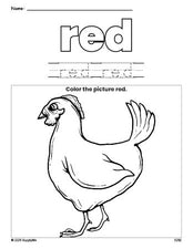 Free chicken color red coloring page and color worksheet, red worksheet for preschoolers to learn colors, printable PDF