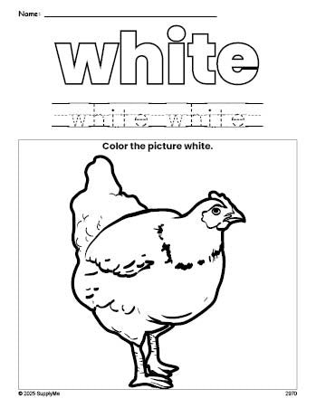 Free chicken color white coloring page and color worksheet, white worksheet for preschoolers to learn colors, printable PDF