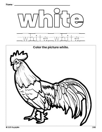 Free chicken color white coloring page and color worksheet, white worksheet for preschoolers to learn colors, printable PDF