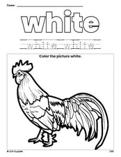 Free chicken color white coloring page and color worksheet, white worksheet for preschoolers to learn colors, printable PDF