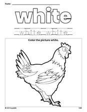 Free chicken color white coloring page and color worksheet, white worksheet for preschoolers to learn colors, printable PDF