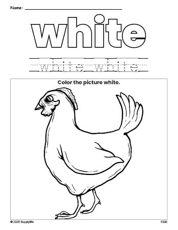 Free chicken color white coloring page and color worksheet, white worksheet for preschoolers to learn colors, printable PDF