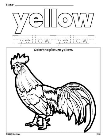 Free chicken color yellow coloring page and color worksheet, yellow worksheet for preschoolers to learn colors, printable PDF