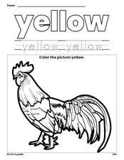 Free chicken color yellow coloring page and color worksheet, yellow worksheet for preschoolers to learn colors, printable PDF