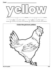 Free chicken color yellow coloring page and color worksheet, yellow worksheet for preschoolers to learn colors, printable PDF