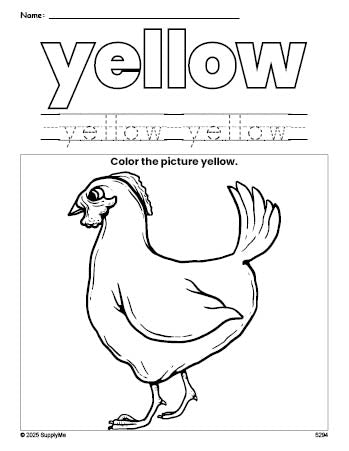 Free chicken color yellow coloring page and color worksheet, yellow worksheet for preschoolers to learn colors, printable PDF