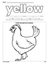 Free chicken color yellow coloring page and color worksheet, yellow worksheet for preschoolers to learn colors, printable PDF