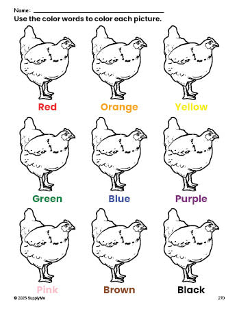 Free chicken coloring page and color worksheet for preschoolers to learn colors, printable PDF