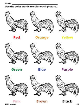 Free chicken coloring page and color worksheet for preschoolers to learn colors, printable PDF