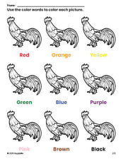 Free chicken coloring page and color worksheet for preschoolers to learn colors, printable PDF