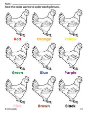 Free chicken coloring page and color worksheet for preschoolers to learn colors, printable PDF