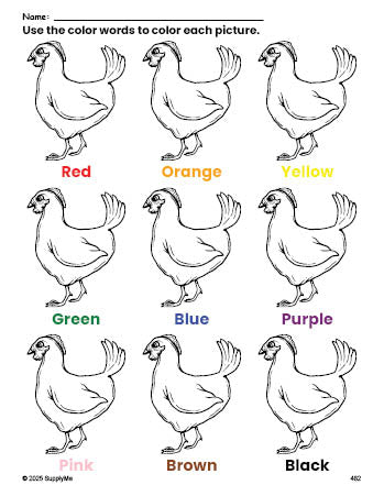 Free chicken coloring page and color worksheet for preschoolers to learn colors, printable PDF