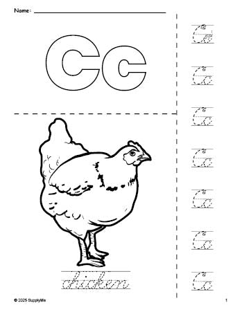 Free printable chicken coloring page and cursive letter tracing worksheet, letter c worksheet for preschool, pre-k, and kindergarten, PDF