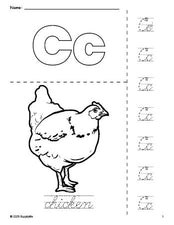 Free printable chicken coloring page and cursive letter tracing worksheet, letter c worksheet for preschool, pre-k, and kindergarten, PDF