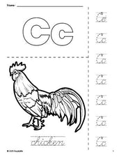 Free printable chicken coloring page and cursive letter tracing worksheet, letter c worksheet for preschool, pre-k, and kindergarten, PDF