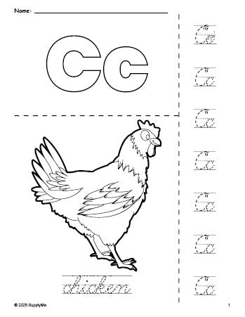 Free printable chicken coloring page and cursive letter tracing worksheet, letter c worksheet for preschool, pre-k, and kindergarten, PDF