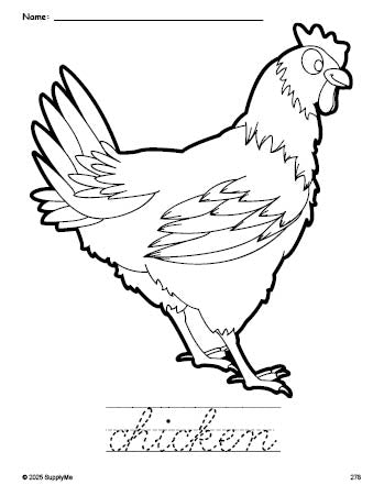 Free printable chicken coloring page and cursive word tracing worksheet, perfect for preschool, pre-k, and kindergarten, PDF