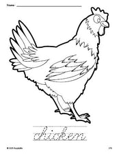 Free printable chicken coloring page and cursive word tracing worksheet, perfect for preschool, pre-k, and kindergarten, PDF