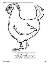 Free printable chicken coloring page and cursive word tracing worksheet, perfect for preschool, pre-k, and kindergarten, PDF