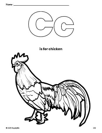 Free printable chicken coloring page, letter c coloring page for preschool, pre-k, and kindergarten, PDF