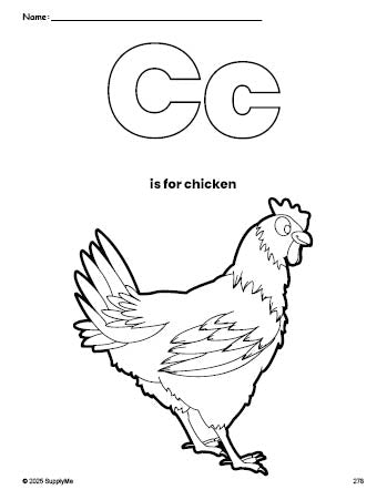 Free printable chicken coloring page, letter c coloring page for preschool, pre-k, and kindergarten, PDF