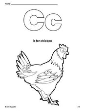 Free printable chicken coloring page, letter c coloring page for preschool, pre-k, and kindergarten, PDF