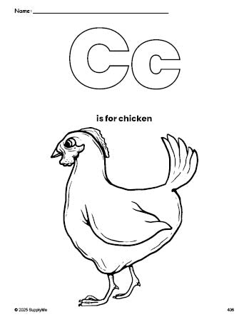 Free printable chicken coloring page, letter c coloring page for preschool, pre-k, and kindergarten, PDF