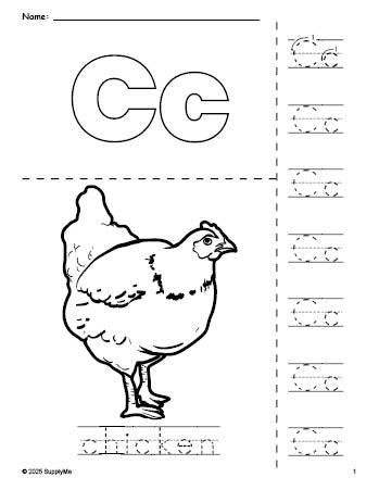 Free printable chicken coloring page and letter tracing worksheet, letter c worksheet for preschool, pre-k, and kindergarten, PDF