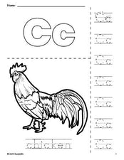 Free printable chicken coloring page and letter tracing worksheet, letter c worksheet for preschool, pre-k, and kindergarten, PDF