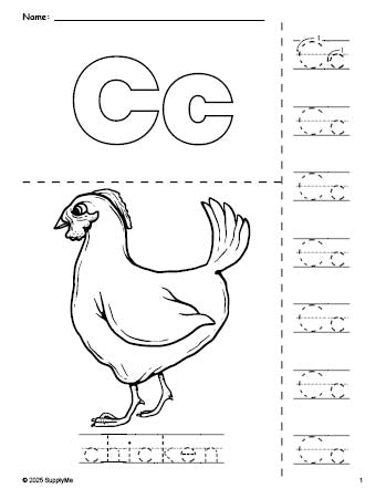 Free printable chicken coloring page and letter tracing worksheet, letter c worksheet for preschool, pre-k, and kindergarten, PDF