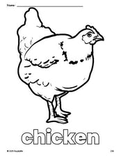 Free printable chicken coloring page for preschool, pre-k, and kindergarten, PDF