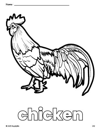 Free printable chicken coloring page for preschool, pre-k, and kindergarten, PDF