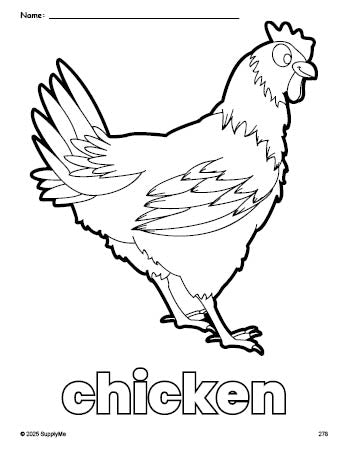 Free printable chicken coloring page for preschool, pre-k, and kindergarten, PDF