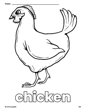 Free printable chicken coloring page for preschool, pre-k, and kindergarten, PDF