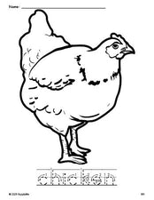 Free printable chicken coloring page and word tracing worksheet, letter formation guides, perfect for preschool, pre-k, and kindergarten, PDF