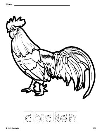 Free printable chicken coloring page and word tracing worksheet, letter formation guides, perfect for preschool, pre-k, and kindergarten, PDF