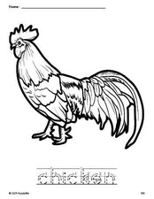 Free printable chicken coloring page and word tracing worksheet, letter formation guides, perfect for preschool, pre-k, and kindergarten, PDF